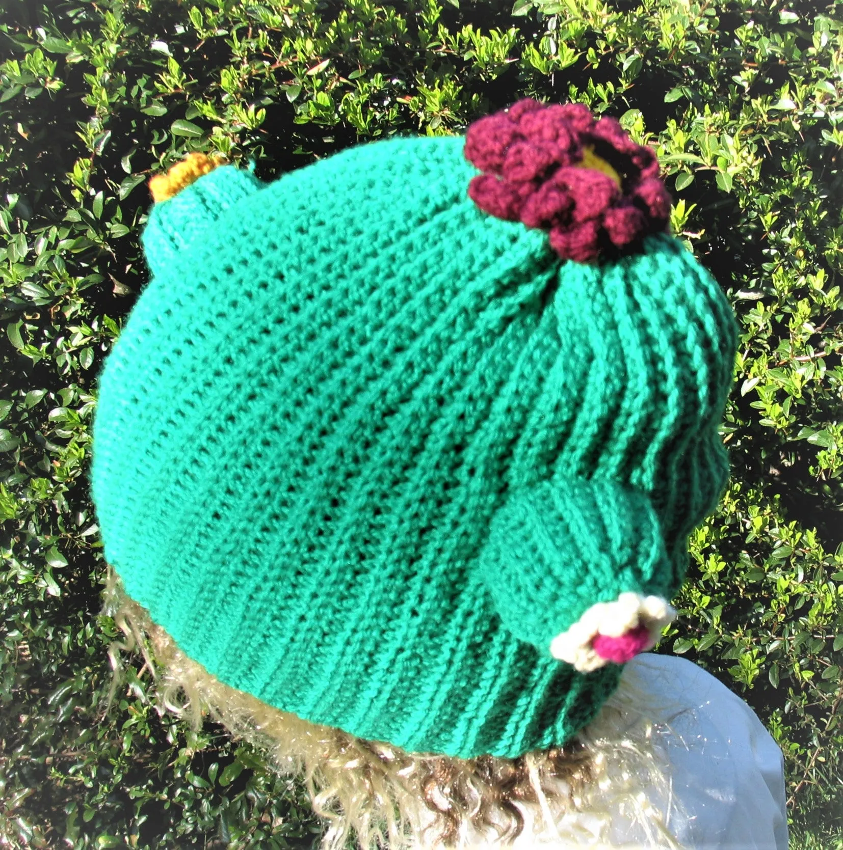 Cactus Crochet Unisex Dread Beanie Hat with Flowers Green Beanie