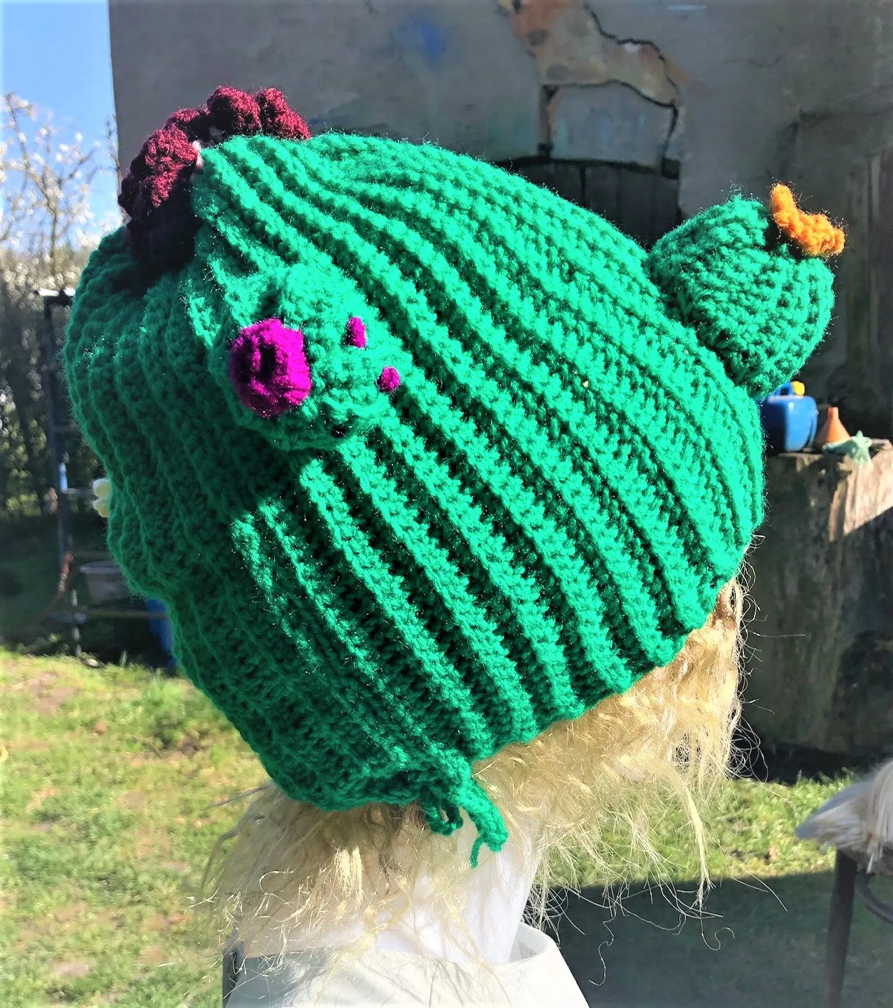 Cactus Crochet Unisex Dread Beanie Hat with Flowers Green Beanie