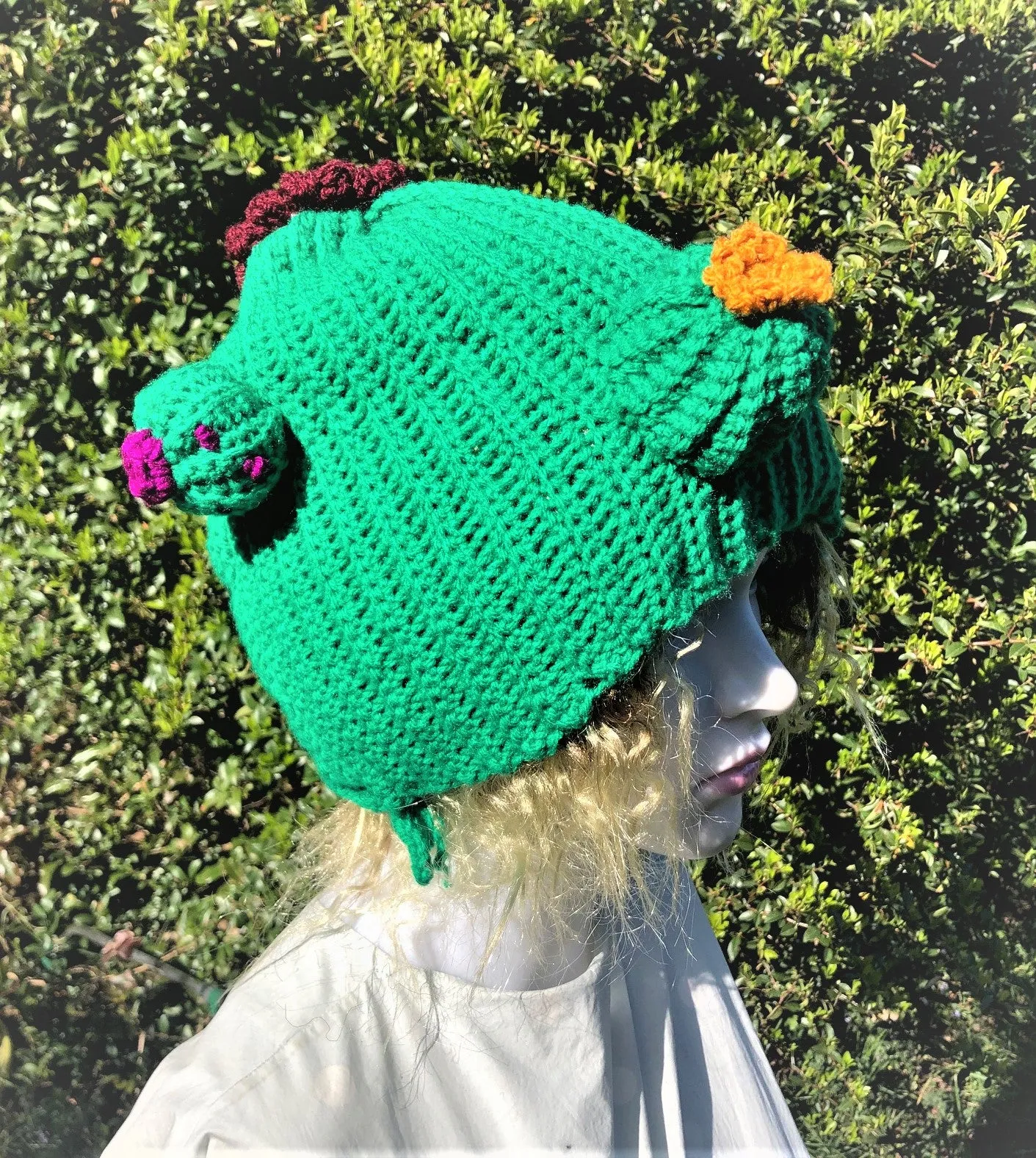 Cactus Crochet Unisex Dread Beanie Hat with Flowers Green Beanie