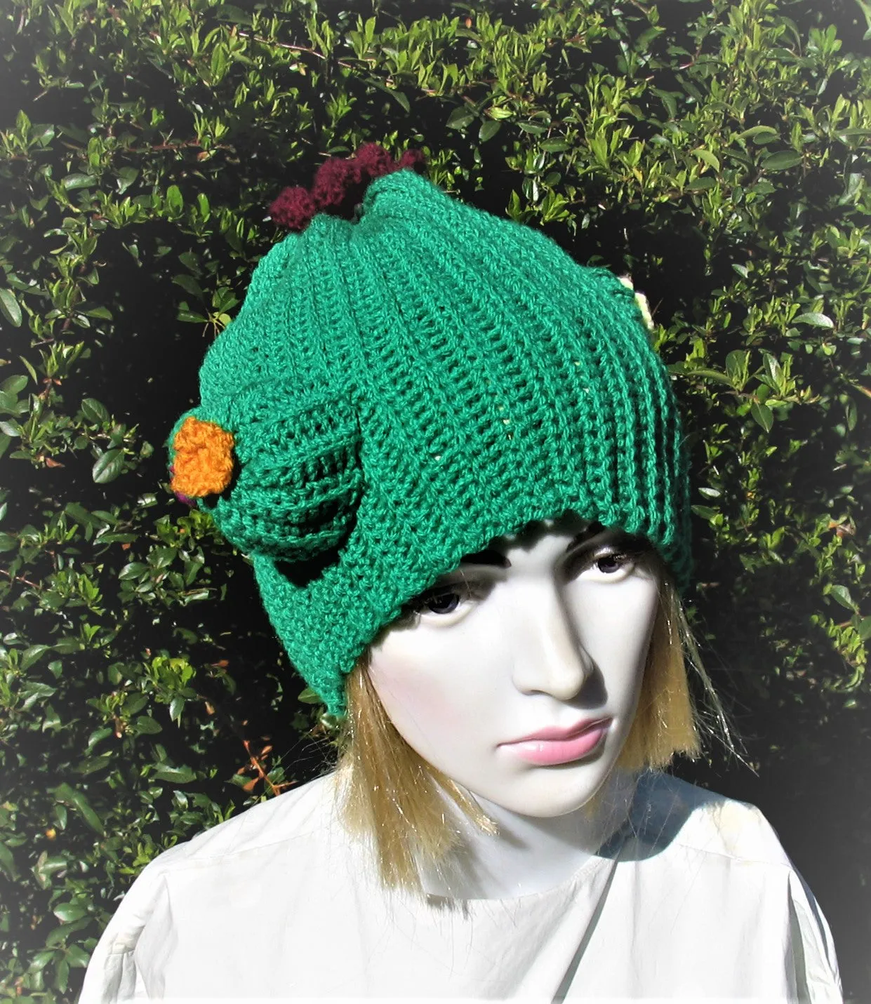 Cactus Crochet Unisex Dread Beanie Hat with Flowers Green Beanie