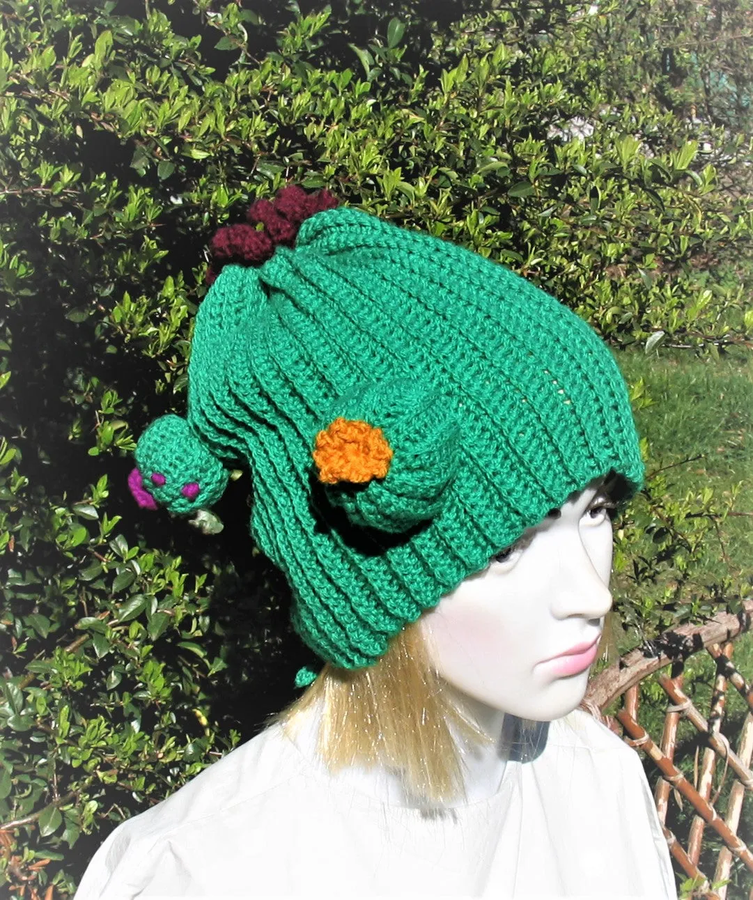 Cactus Crochet Unisex Dread Beanie Hat with Flowers Green Beanie