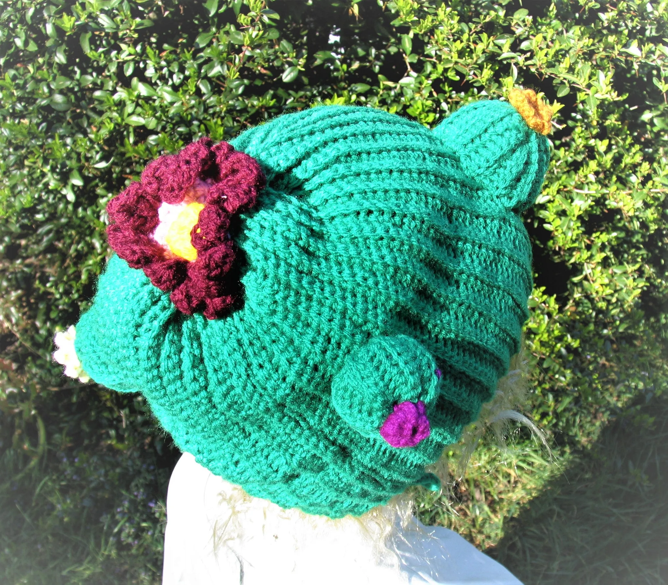 Cactus Crochet Unisex Dread Beanie Hat with Flowers Green Beanie