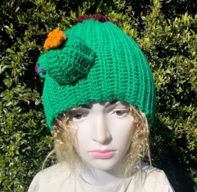 Cactus Crochet Unisex Dread Beanie Hat with Flowers Green Beanie