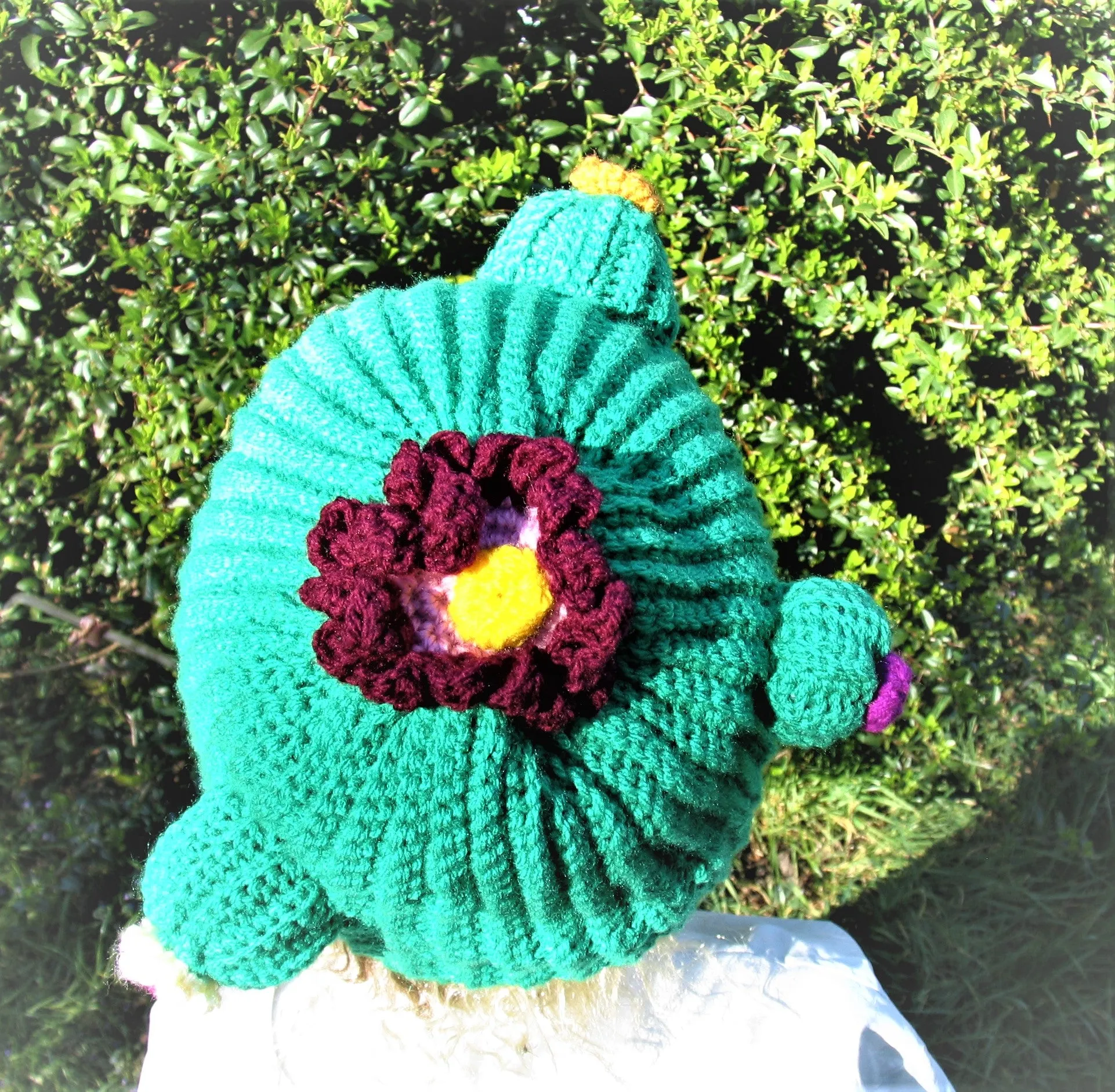 Cactus Crochet Unisex Dread Beanie Hat with Flowers Green Beanie