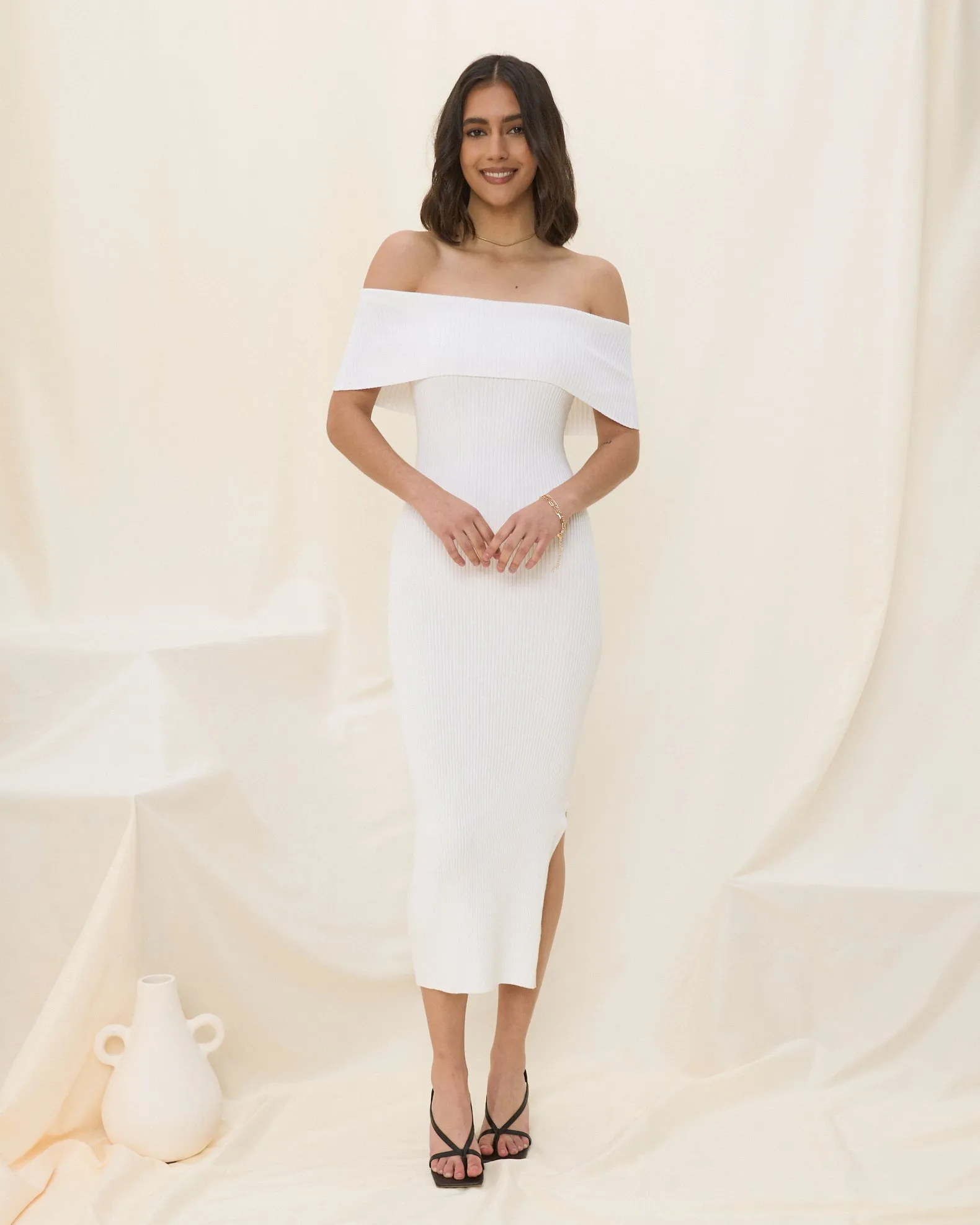 Cecelia White Off Shoulder Knit Midi Dress