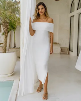 Cecelia White Off Shoulder Knit Midi Dress