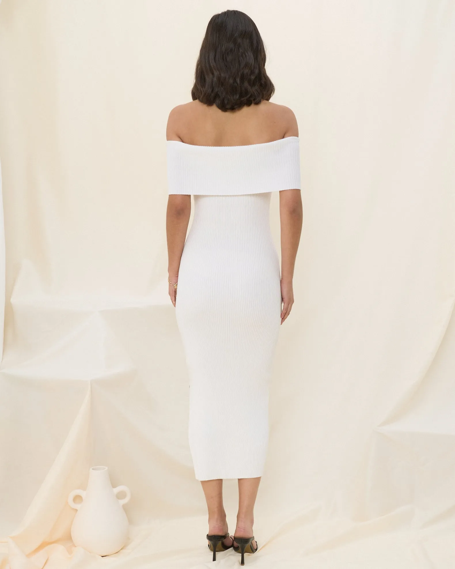 Cecelia White Off Shoulder Knit Midi Dress