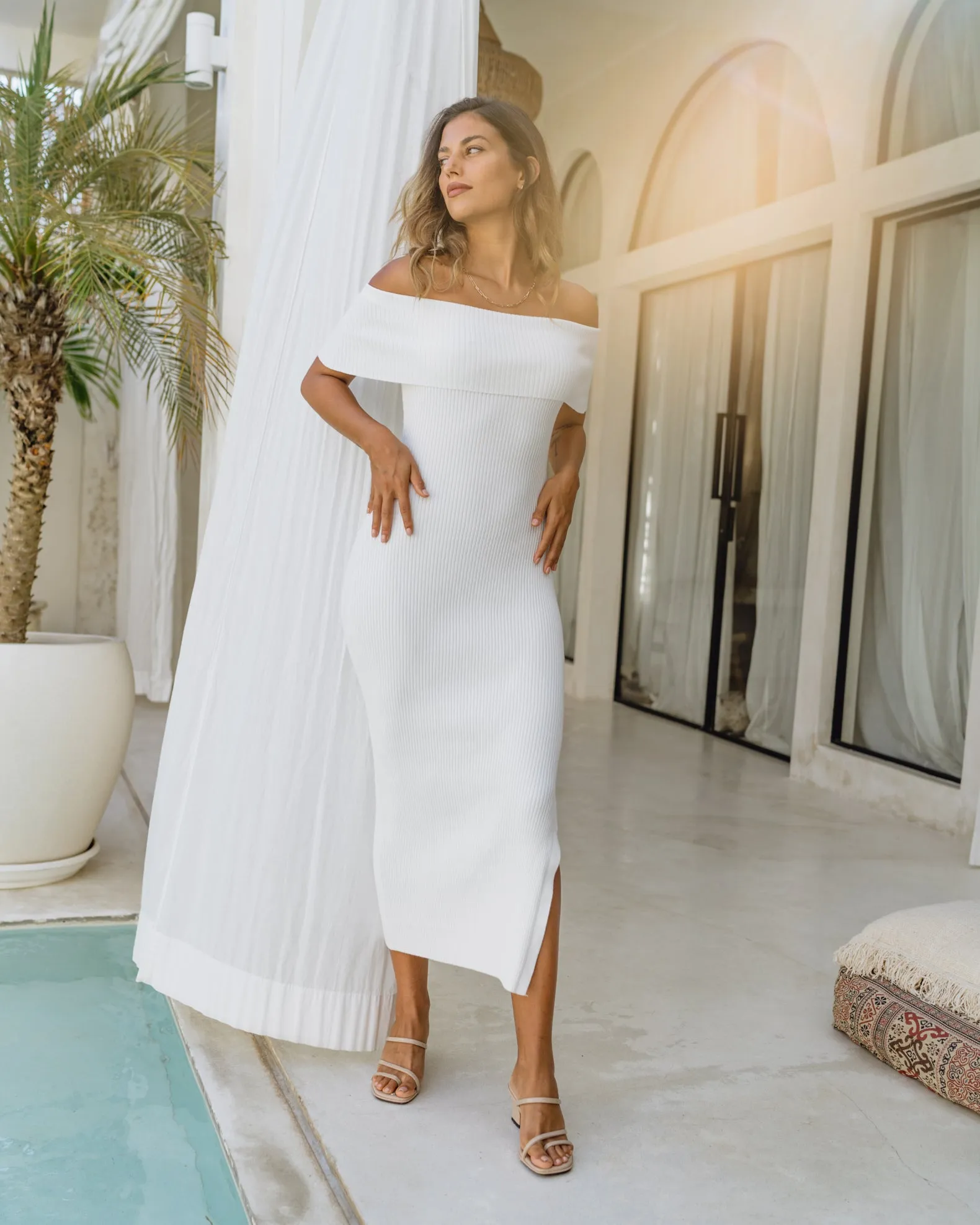 Cecelia White Off Shoulder Knit Midi Dress