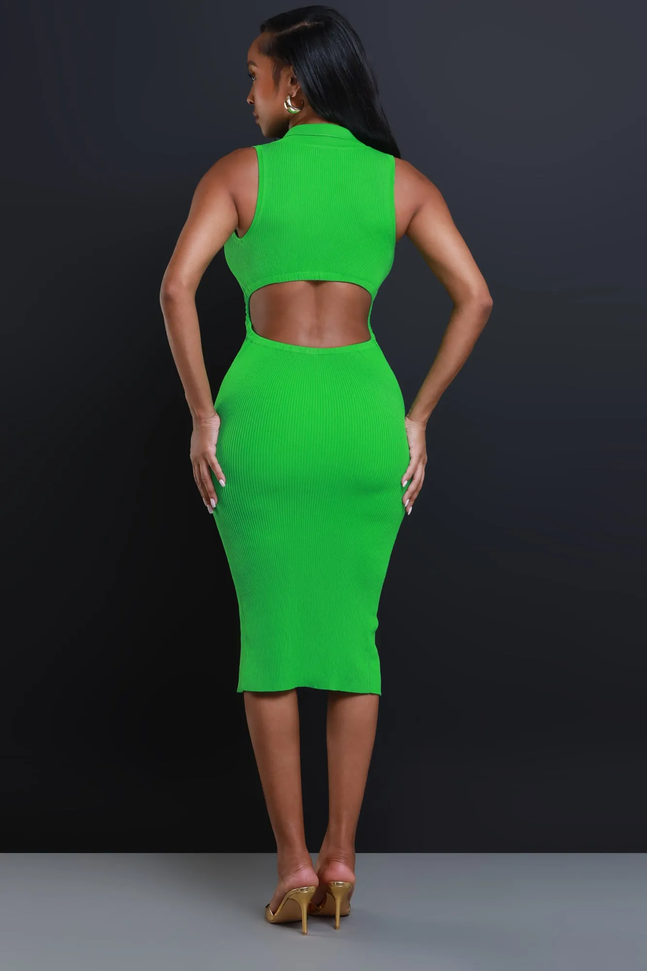 Closure Sleeveless Open Back Midi Dress - Green