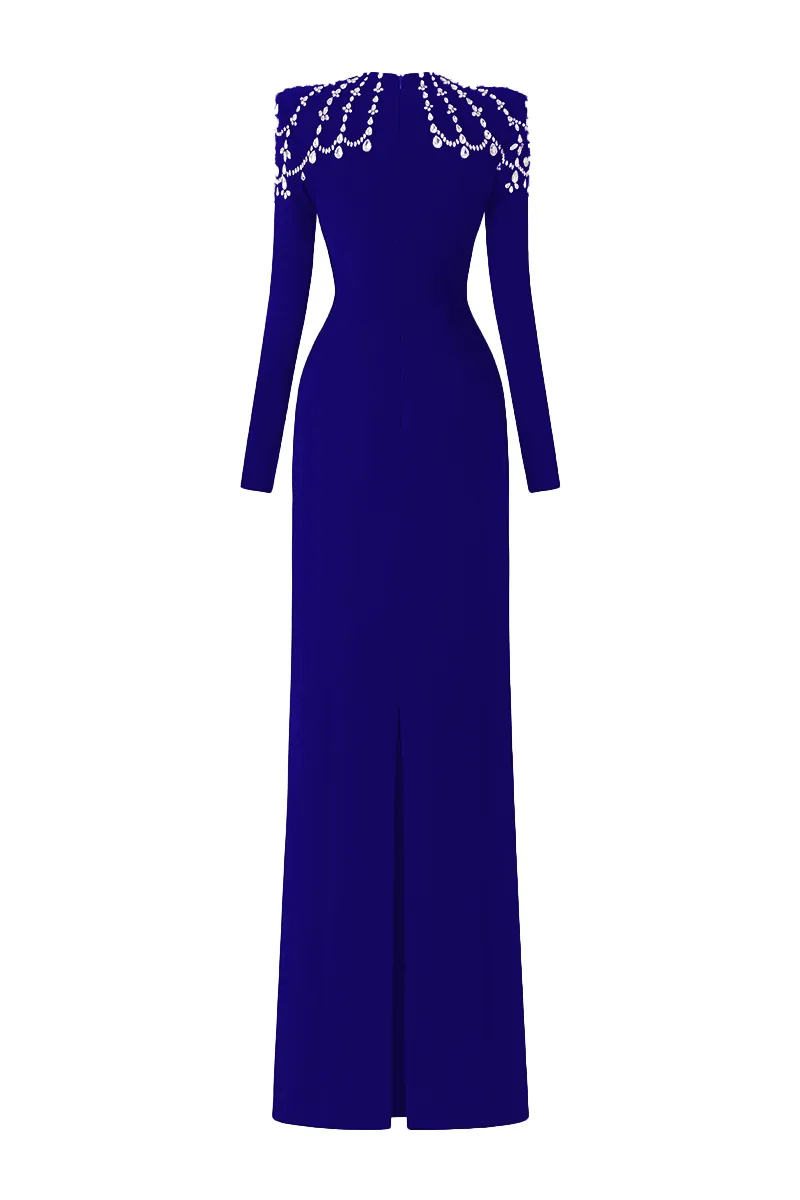 COBALT BLUE LONG SLEEVE TRAPEZOID NECKLINE BODYCON FULL DRESS