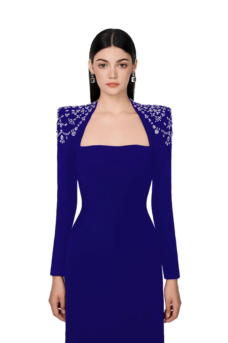 COBALT BLUE LONG SLEEVE TRAPEZOID NECKLINE BODYCON FULL DRESS