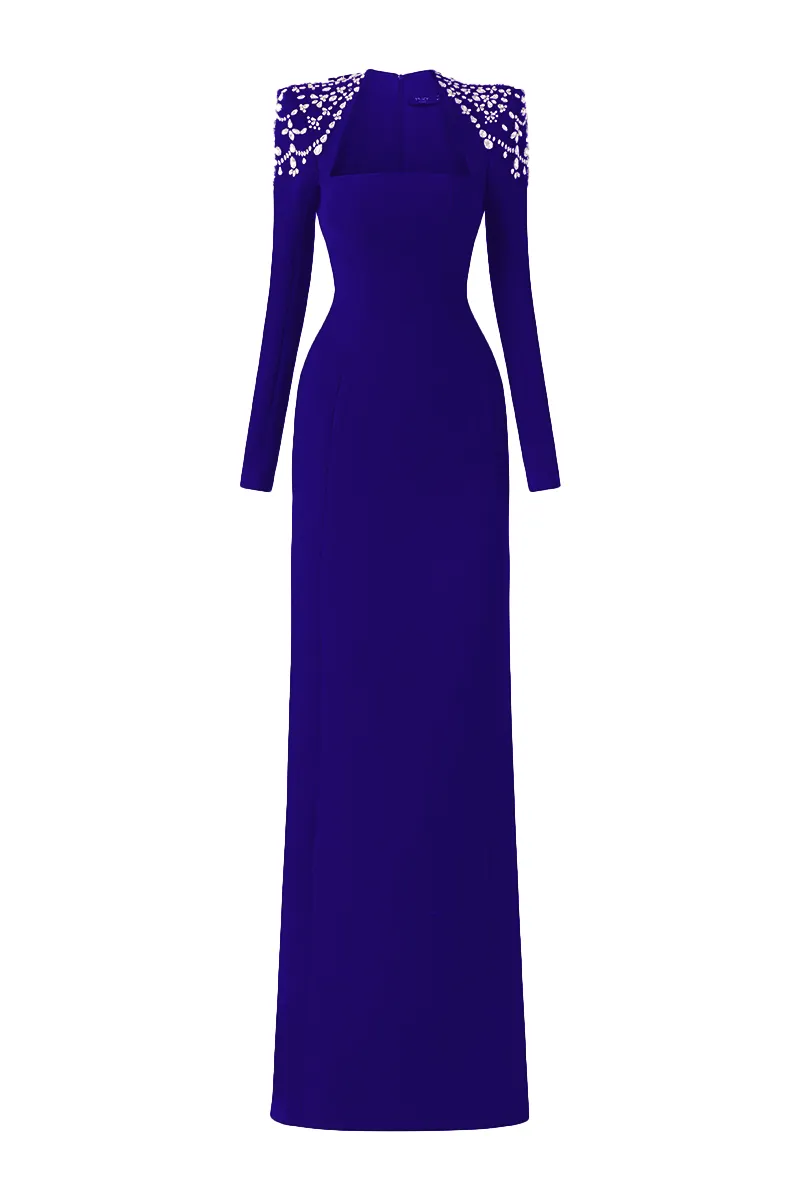 COBALT BLUE LONG SLEEVE TRAPEZOID NECKLINE BODYCON FULL DRESS