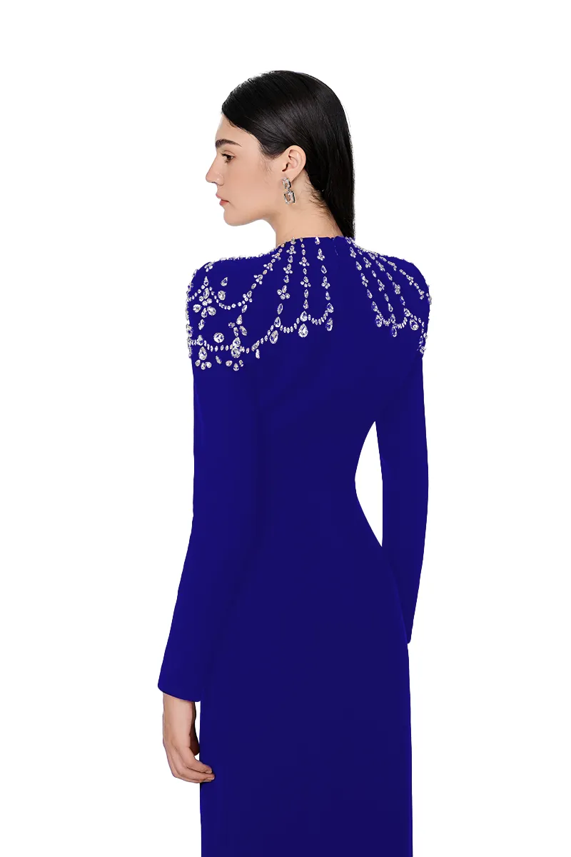 COBALT BLUE LONG SLEEVE TRAPEZOID NECKLINE BODYCON FULL DRESS