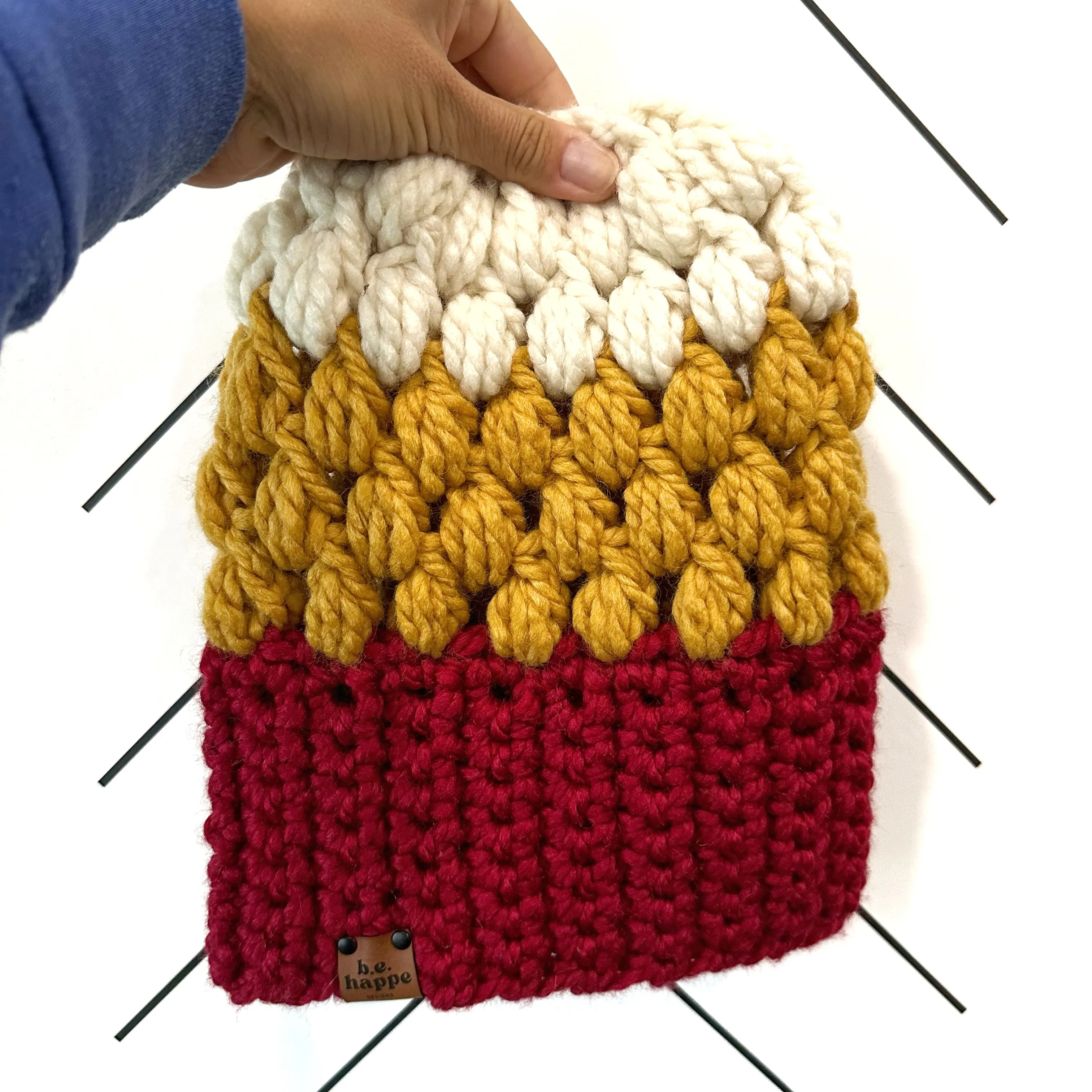 Crochet Puff Stitch Slouch Hat | Cranberry Red   Mustard Yellow    Off White