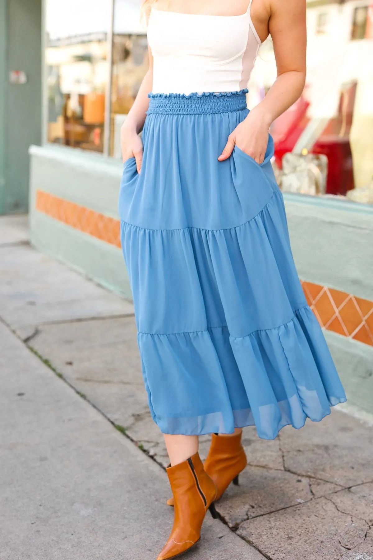 Denim Blue Smocked Waist Tiered Chiffon Skirt