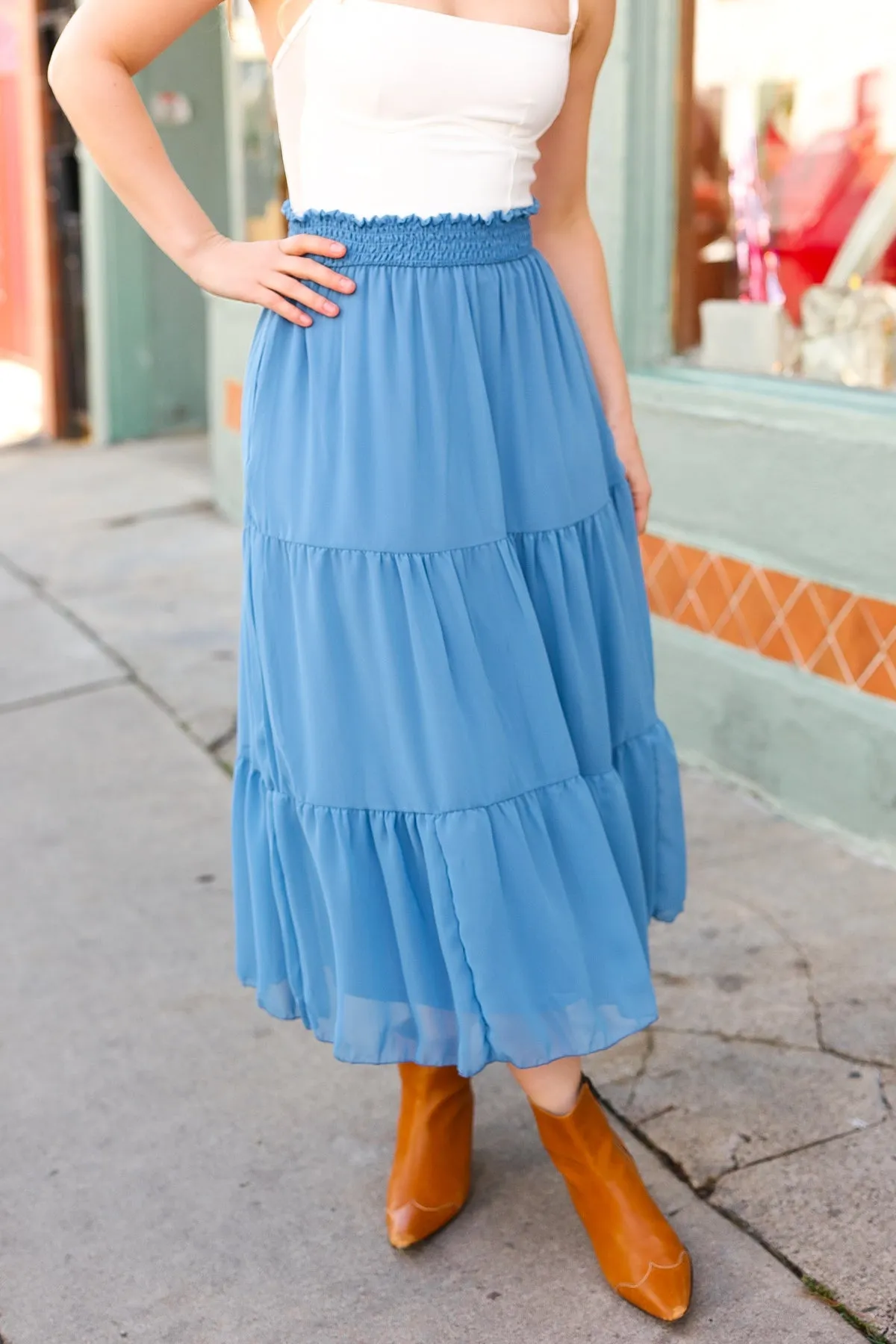 Denim Blue Smocked Waist Tiered Chiffon Skirt