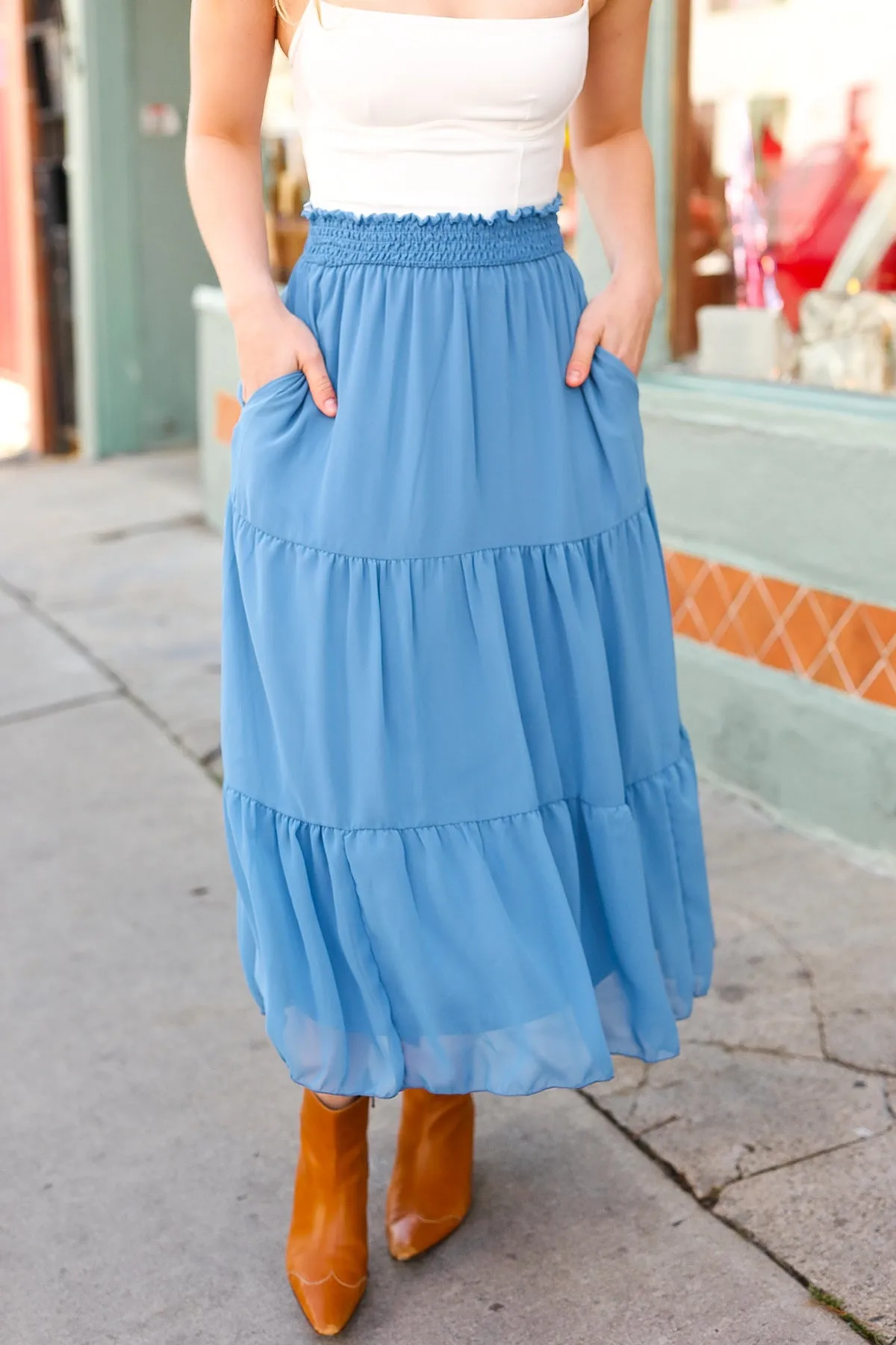 Denim Blue Smocked Waist Tiered Chiffon Skirt