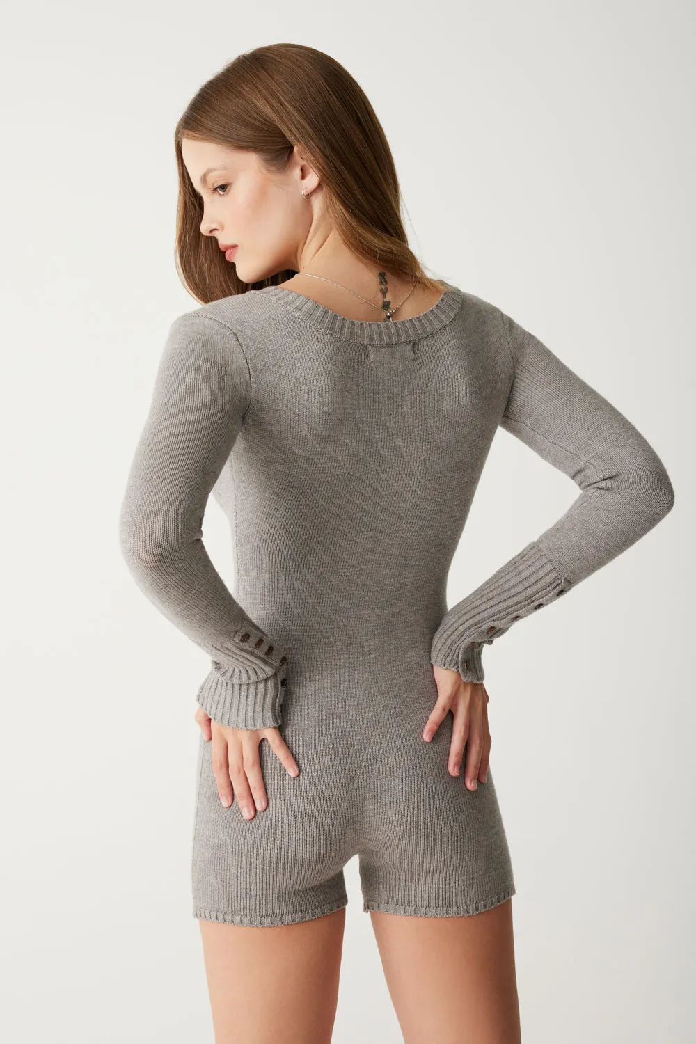 Evan Cloud Knit Long Sleeve Romper - Dark Pearl