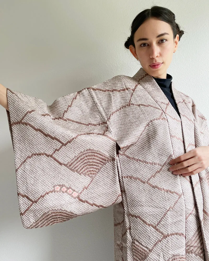 Fan Hankle Pink Beige Shibori Haori Kimono Jacket