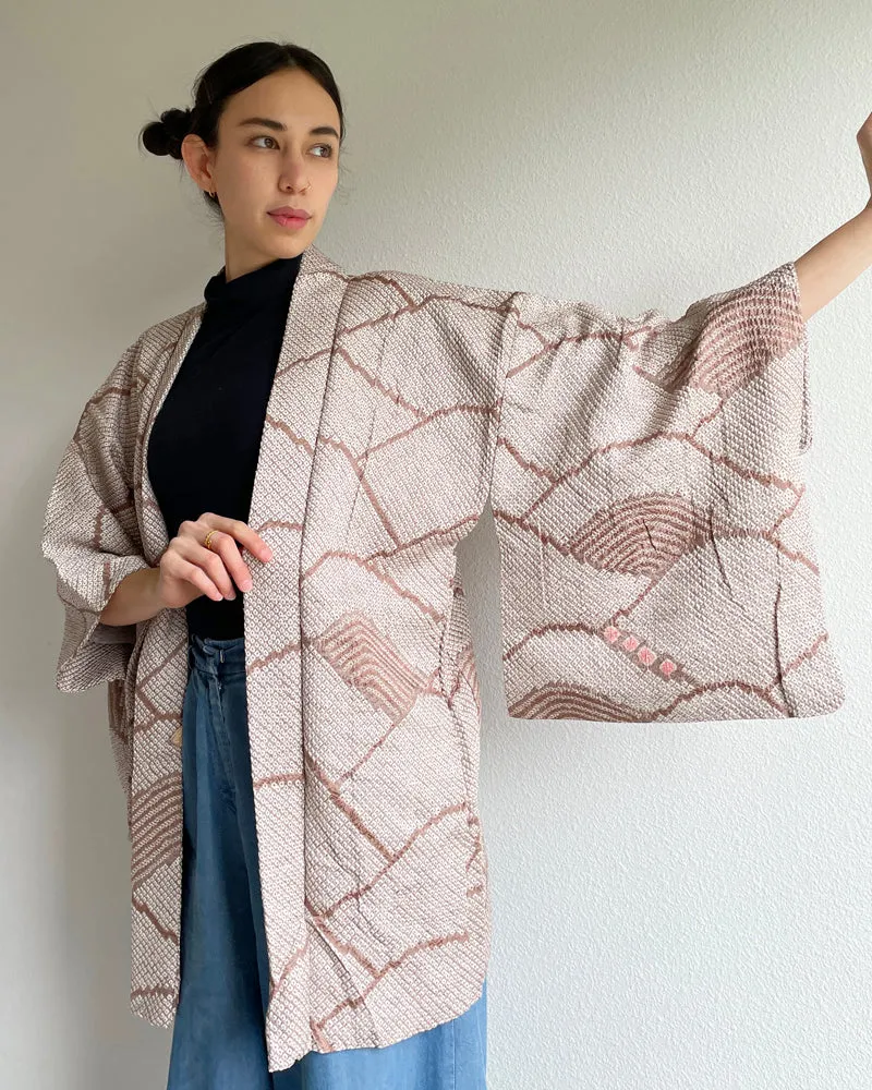 Fan Hankle Pink Beige Shibori Haori Kimono Jacket