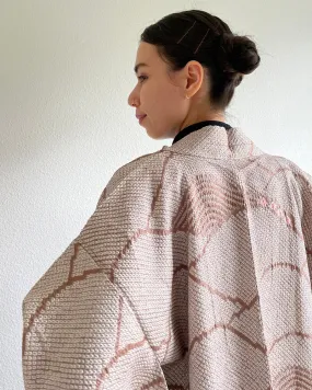 Fan Hankle Pink Beige Shibori Haori Kimono Jacket