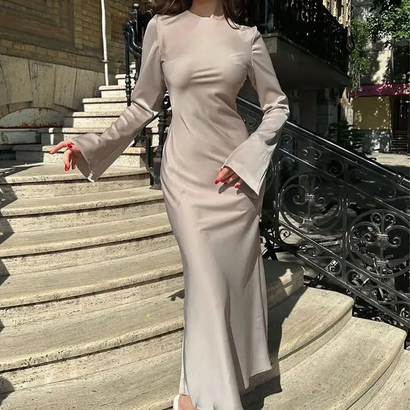 Fashion Bodycon Party Dresses For Women Long Sleeves Solid Color Slim Long Dress Fashion Elegant Evening Party Vestido Feminino