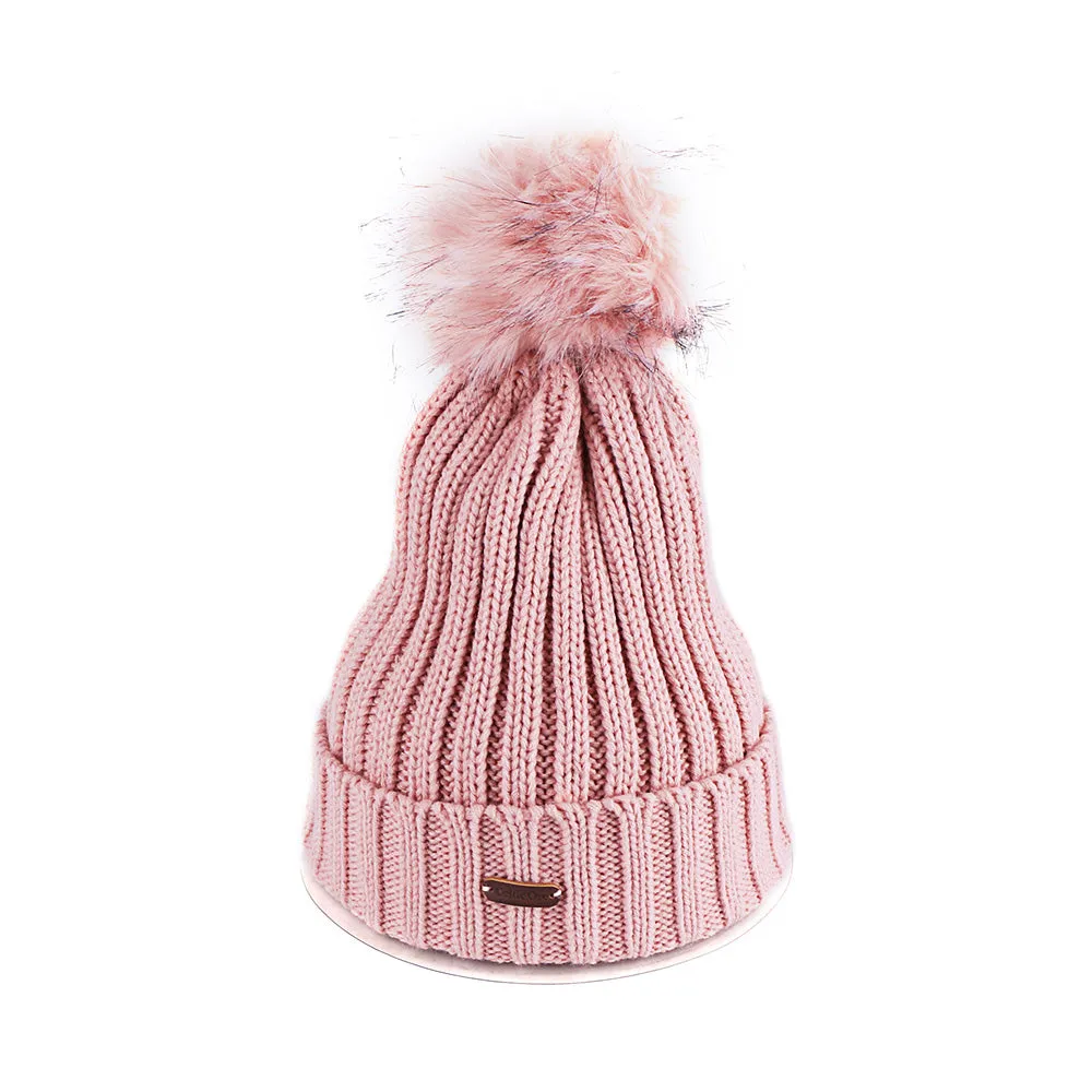 Faux Fur Aran Pom Pom Beanie - Pink