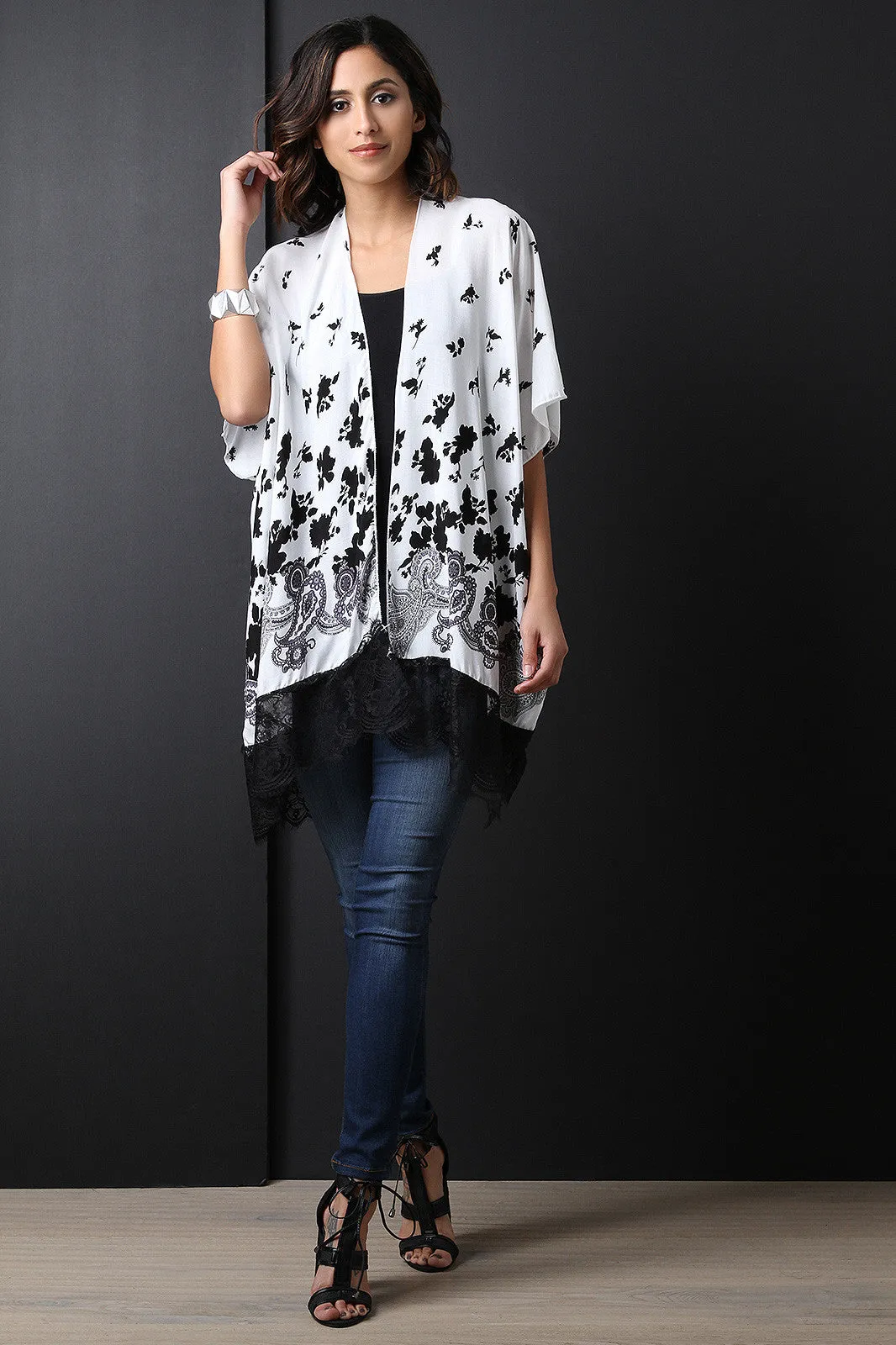 Floral Print Lace-Hem Elbow Sleeves Open Front Kimono