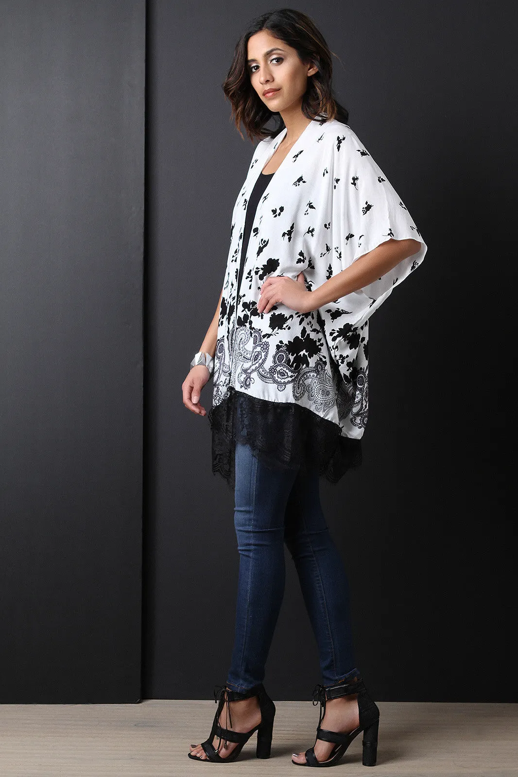 Floral Print Lace-Hem Elbow Sleeves Open Front Kimono