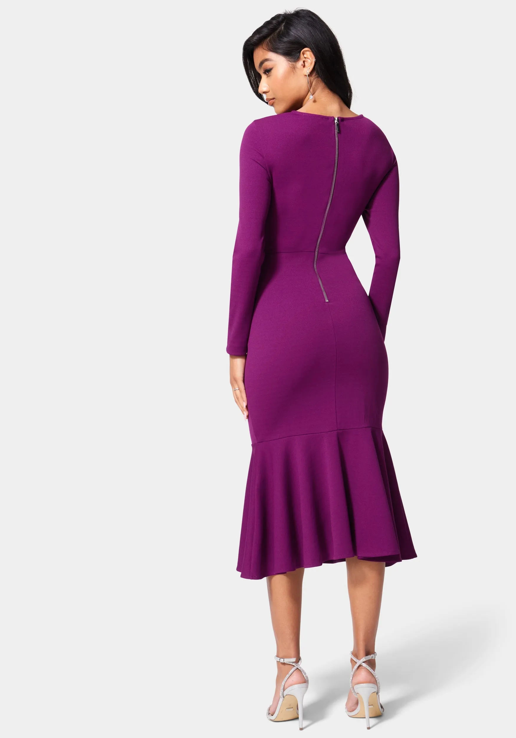 Flounce Hem Long Sleeve Midi Dress