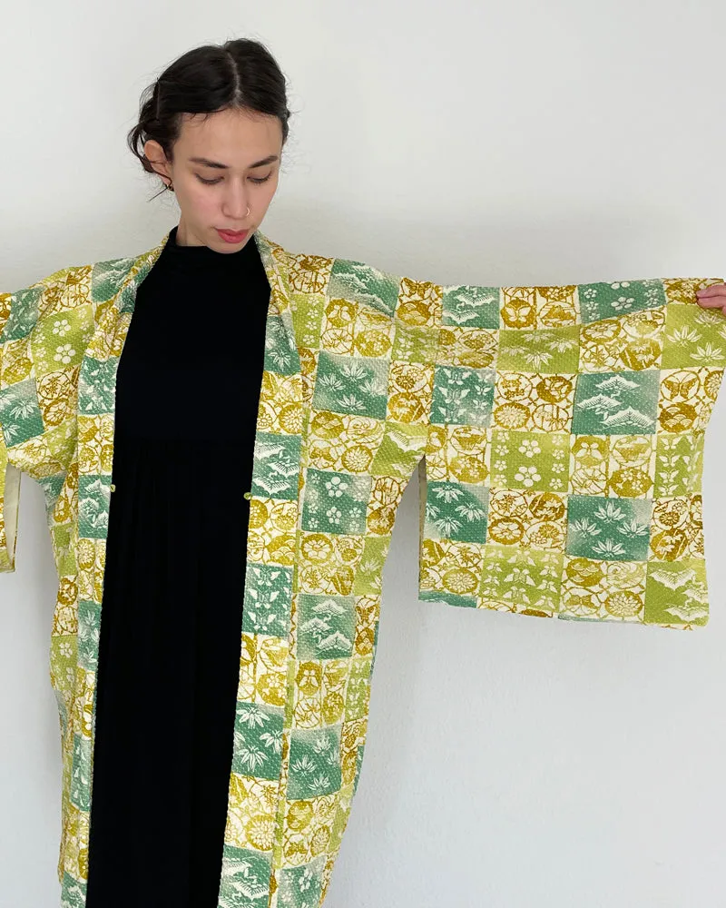 Flower, Pine Tree, Wave Textile Shibori Haori Kimono Jacket