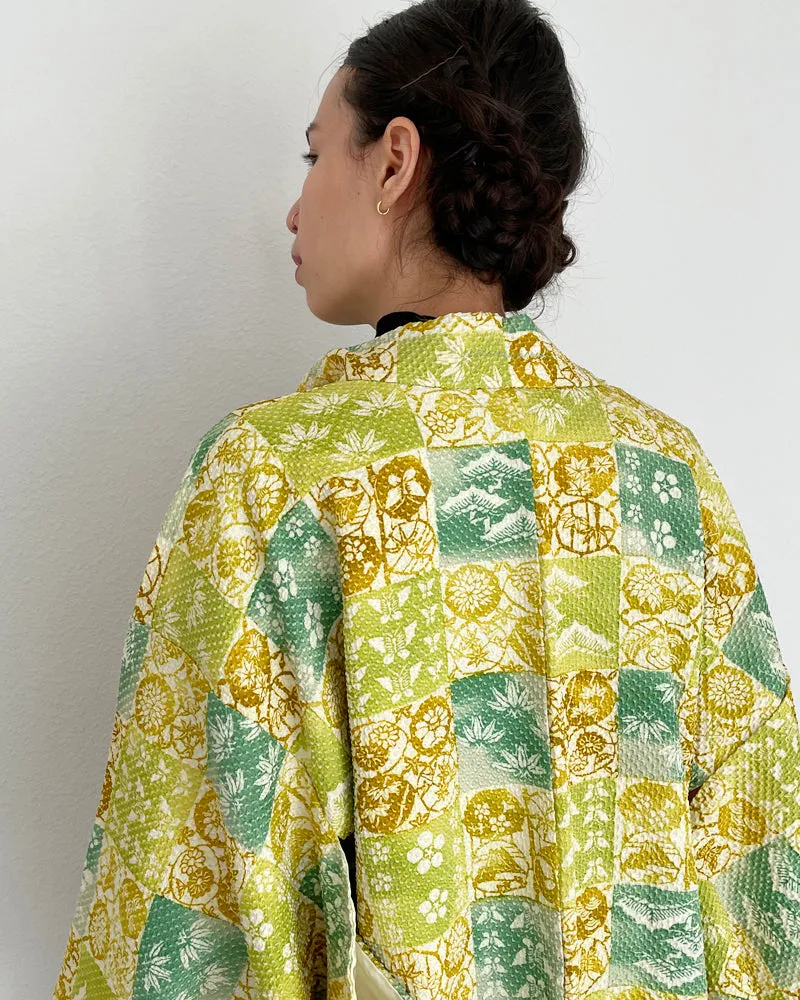 Flower, Pine Tree, Wave Textile Shibori Haori Kimono Jacket