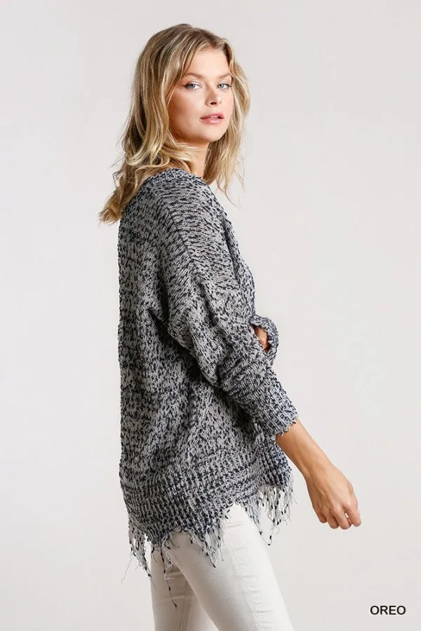 Frayed  Knit Pullover Sweater, Oreo