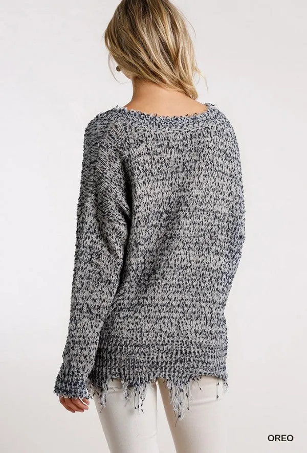 Frayed  Knit Pullover Sweater, Oreo