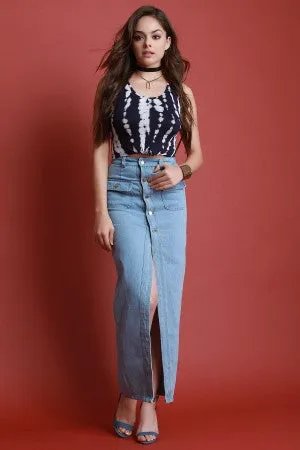 Front Slit Button-Up Denim Maxi Skirt