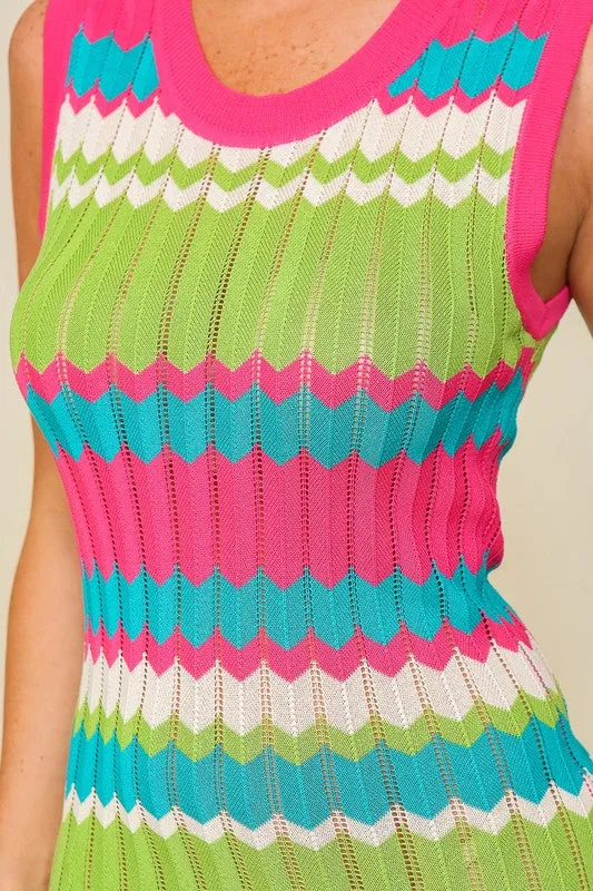 Fuchsia/Lime Combo Multicolored Chevron Bodycon Midi Knit Dress