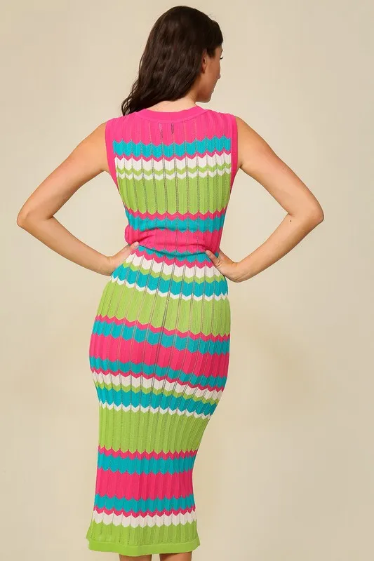 Fuchsia/Lime Combo Multicolored Chevron Bodycon Midi Knit Dress