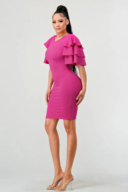 Fuschia Tiered Ruffle Sleeves Bodtiered Ruffle Sleeves Bodycon Dressycon Dress