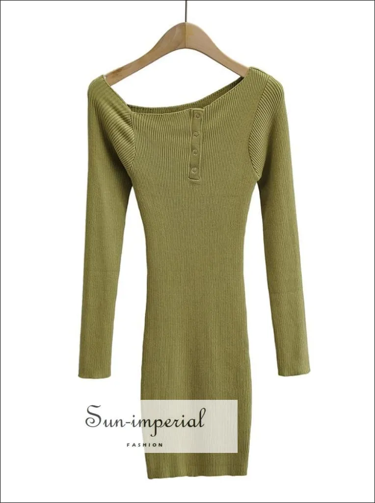 Green Bodycon Casual Ribbed Mini Dress off Shoulder Long Sleeve side Tik Tak Buttons Dress