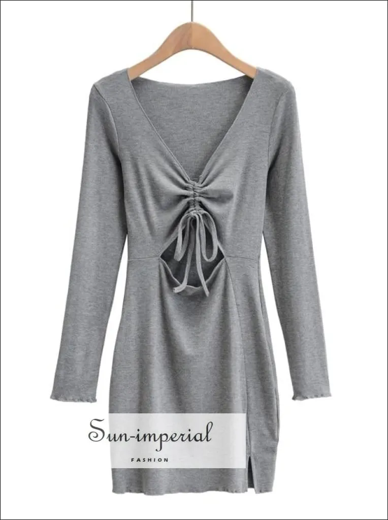 Grey Drawstring front Bodycon Mini Dress with Cut-out detail Long Sleeved Mini Dress