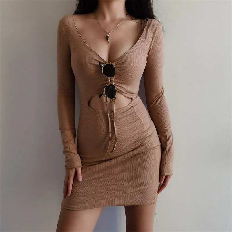 Grey Drawstring front Bodycon Mini Dress with Cut-out detail Long Sleeved Mini Dress