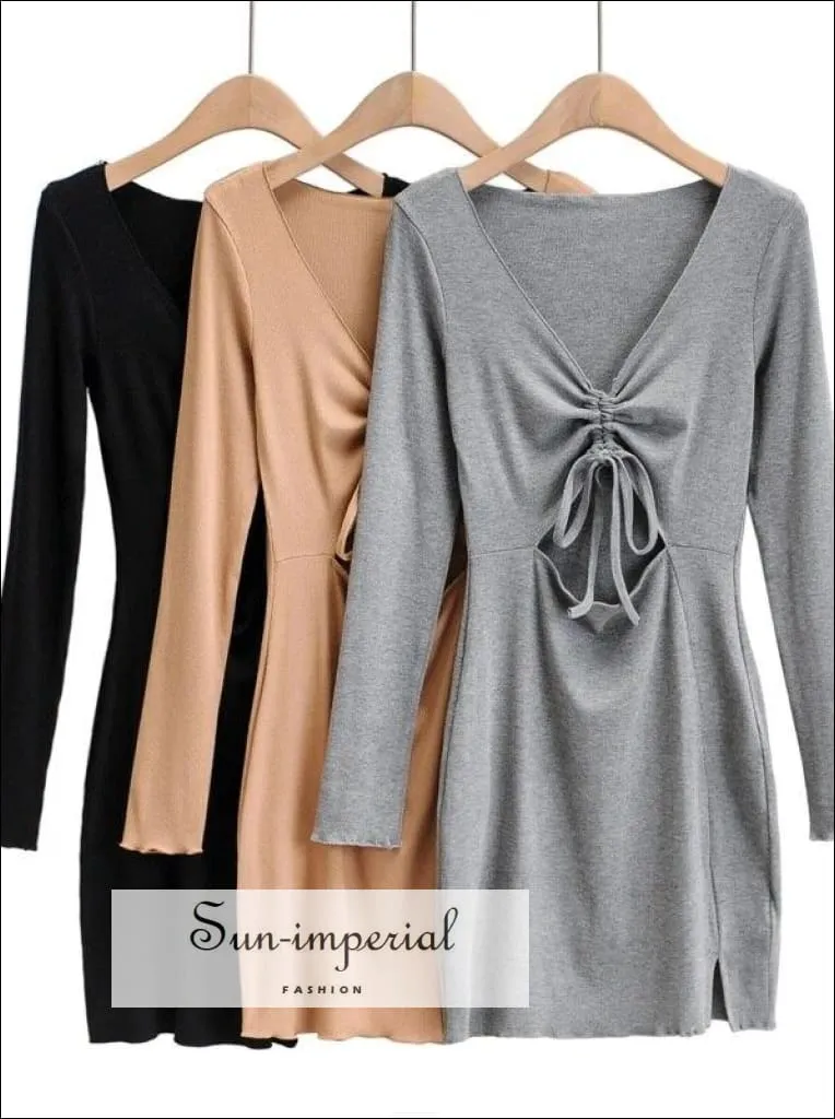 Grey Drawstring front Bodycon Mini Dress with Cut-out detail Long Sleeved Mini Dress