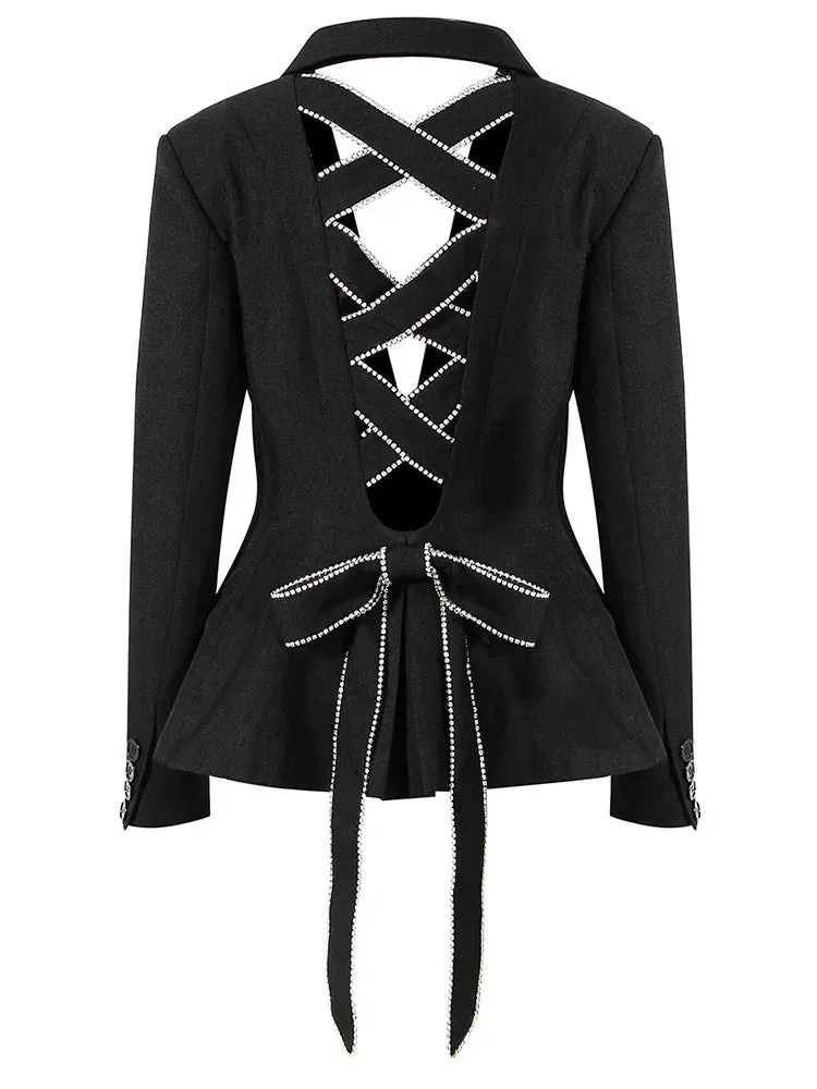 HEYFANCYSTYLE Elegant Chic Black Bow Rhinestones Blazer