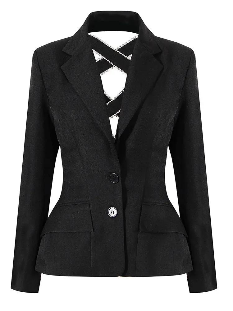 HEYFANCYSTYLE Elegant Chic Black Bow Rhinestones Blazer