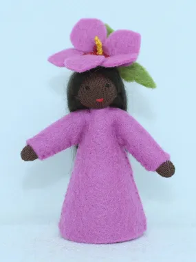 Hibiscus Fairy (miniature standing felt doll, flower hat, pink) - Dark Skin