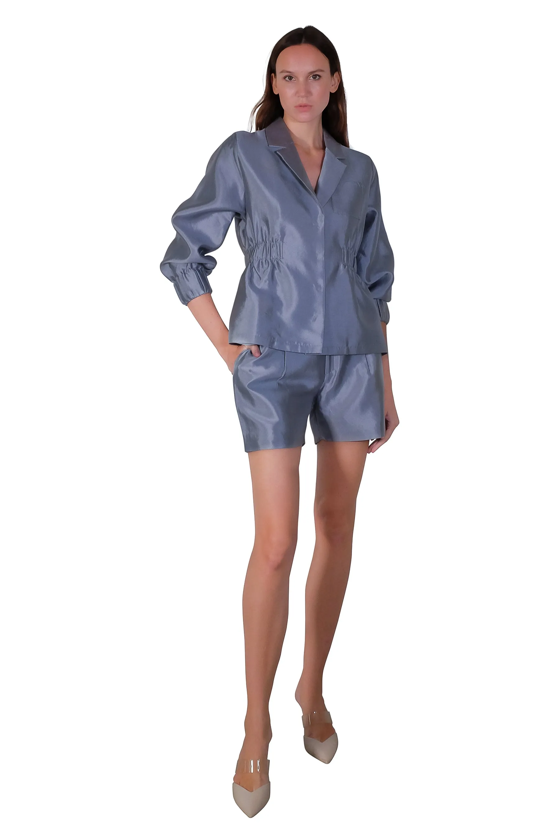 Joya Silk Linen Puff Sleeves Jacket in Blue