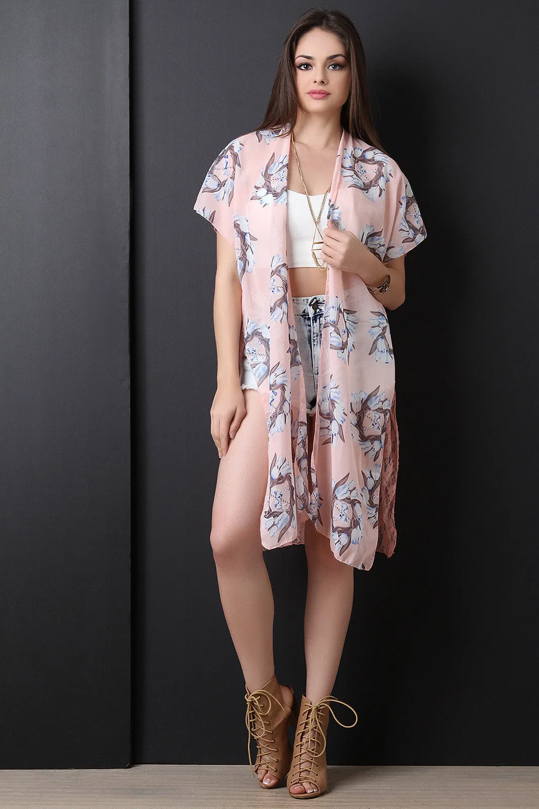 Lace Back Floral Chiffon Short Sleeve Kimono Top