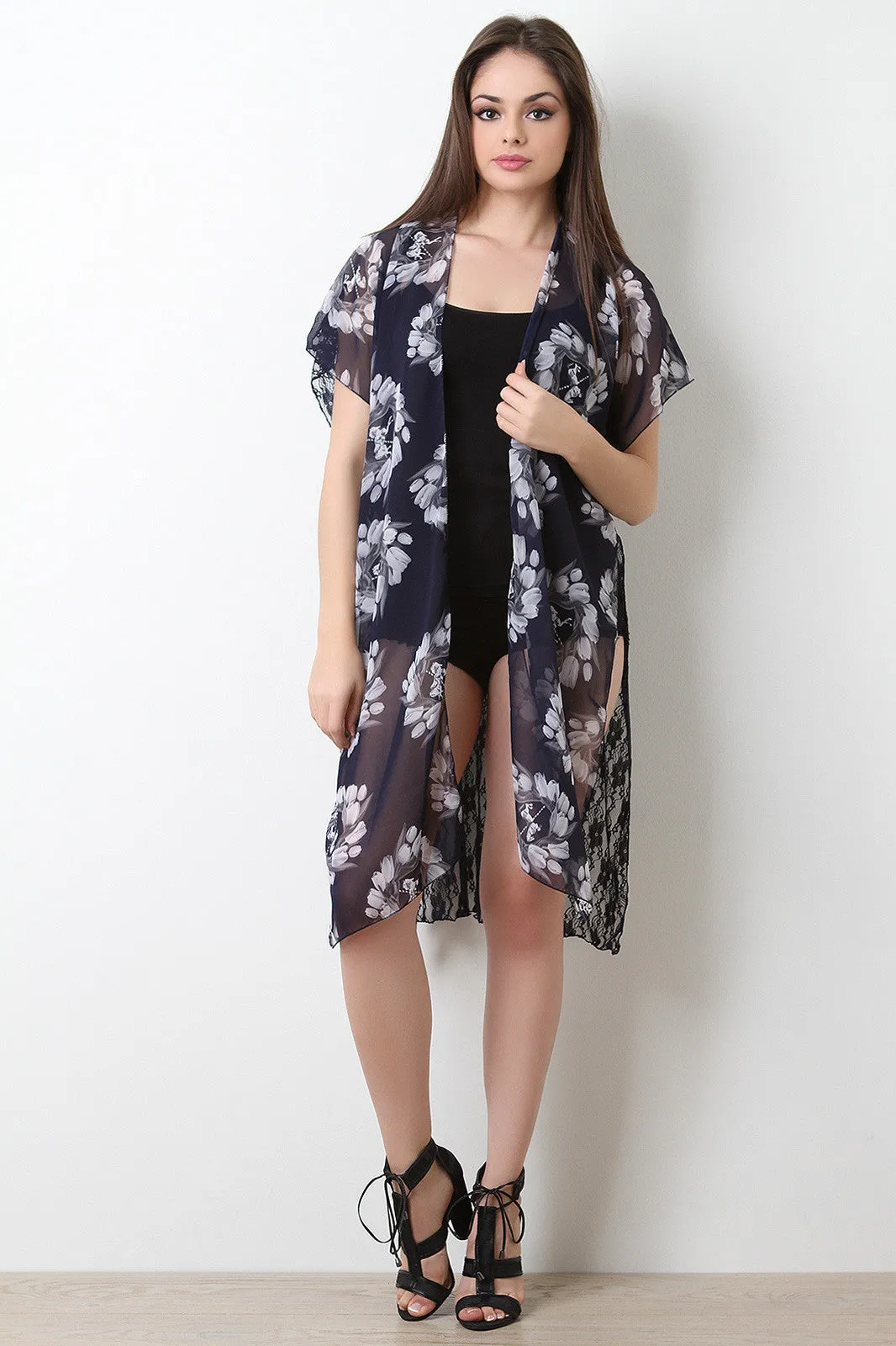 Lace Back Floral Chiffon Short Sleeve Kimono Top