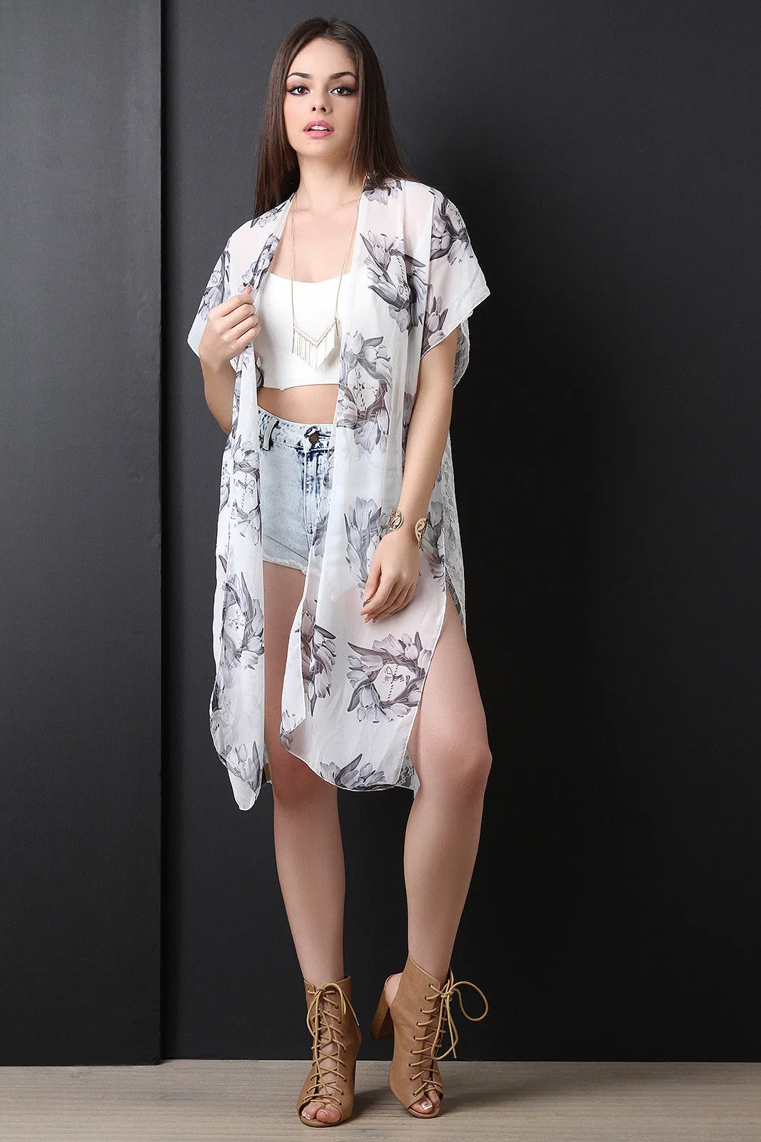 Lace Back Floral Chiffon Short Sleeve Kimono Top