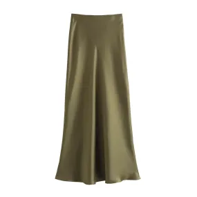 Ladies Solid Color Satin Midi Skirt 5515